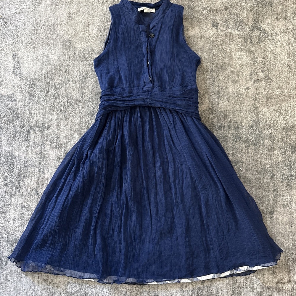 BURBERRY  Silk Navy Blue with Nova Check trim  Girl Special Occasion Dress Sz 6